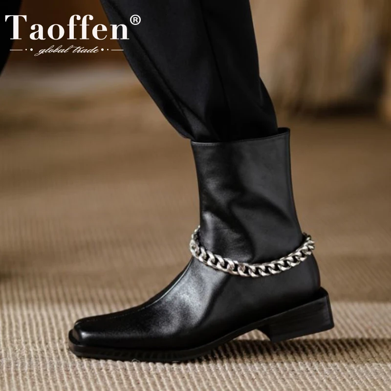Taoffen Size 33-40 Women Genuine Leather Ankle Boots Zipper Loe Heel Square Toe Metal Chains Cool Outdoor Female Footwear
Taoffen Size 33-40 Women Genuine Leather Ankle Boots Zipper Loe Heel Square Toe Metal Chains Cool Outdoor Female Footwear