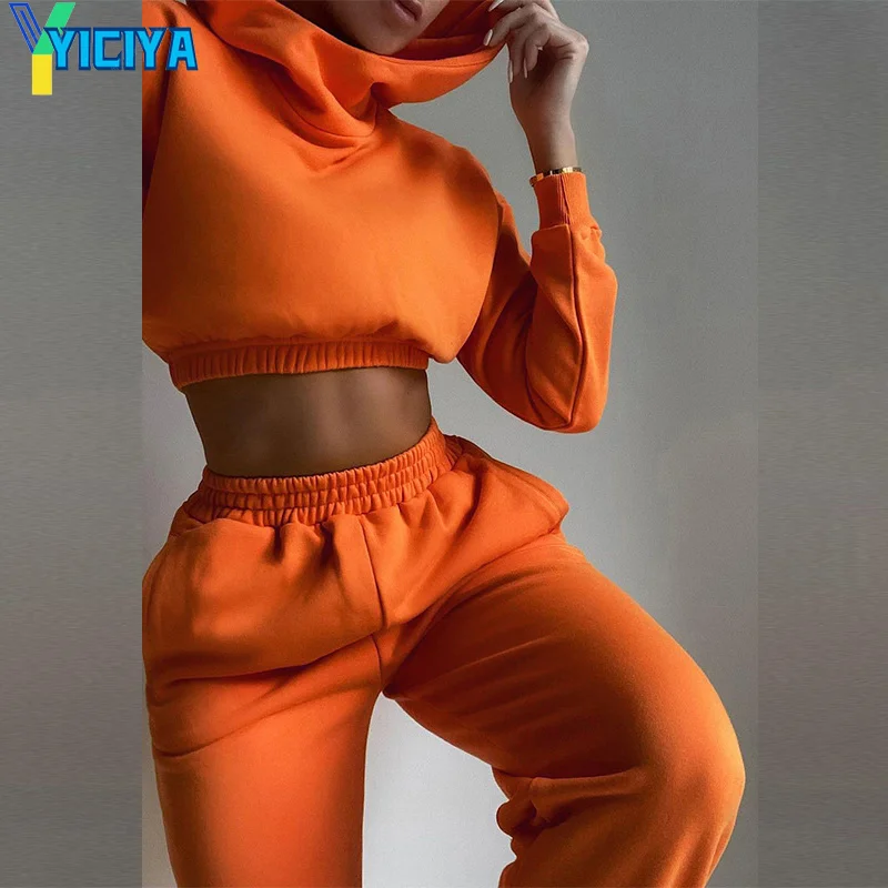

YICIYA Women Casual Two Piece Sets 2021 Hoodies Cropp Top High Waist Sweatpants Suits Sexy Female Solid Tracksuits Women Y2k Met