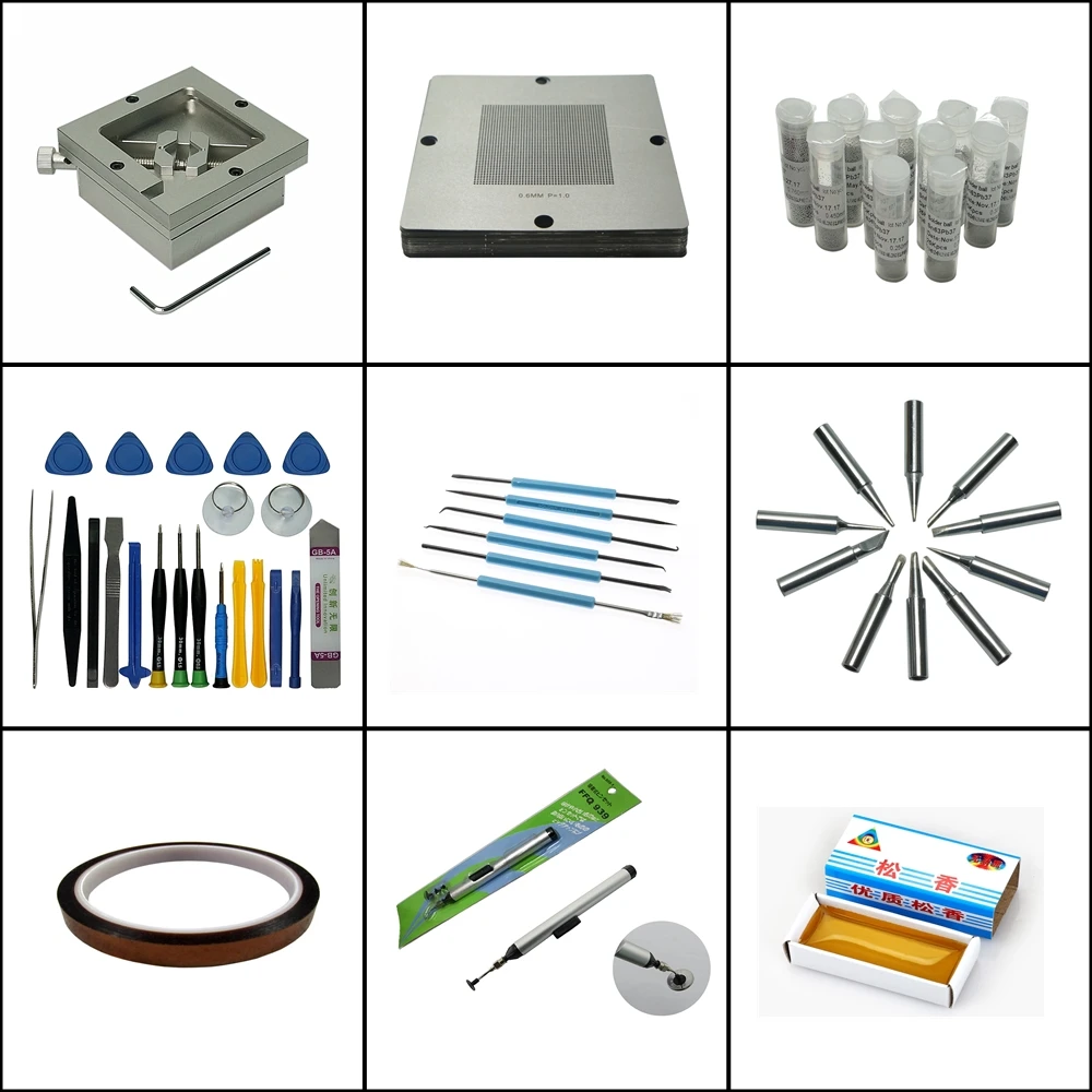 HT-90MM ball planting table + universal 29 stencils + 7 soldering balls + 16 silver soldering iron tip + bga tools
HT-90MM ball planting table + universal 29 stencils + 7 soldering balls + 16 silver soldering iron tip + bga tools