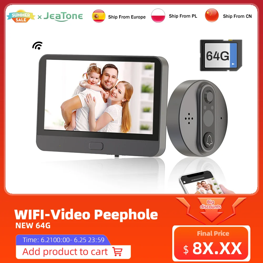 Jeatone Tuya smart WiFi дверной звонок с 720P/110 ° Камера видео глазок для двери 4 3 "ЖК
