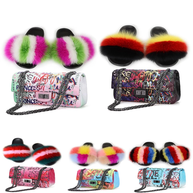 

Ladies Graffiti Jelly Small Square Bags Chain Shoulder Bag Set Women Fox Fur Slippers Luxury Furry Flip Flops Soft Fluffy Slides