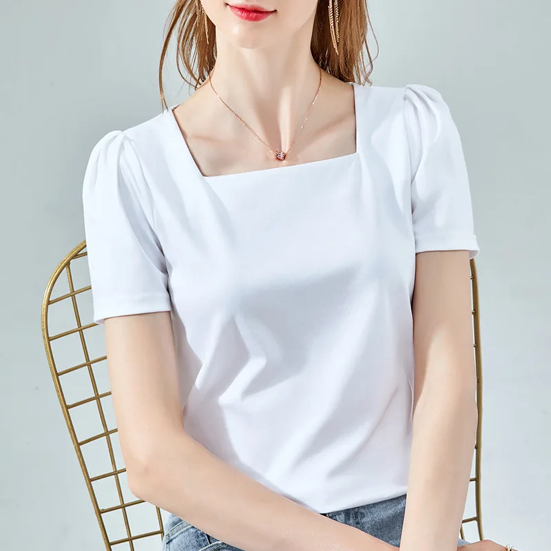 Mercerized cotton T-shirt 2021 new summer women's cool short sleeve T-shirt French bubble sleeve top 
Mercerized cotton T-shirt 2021 new summer women's cool short sleeve T-shirt French bubble sleeve top