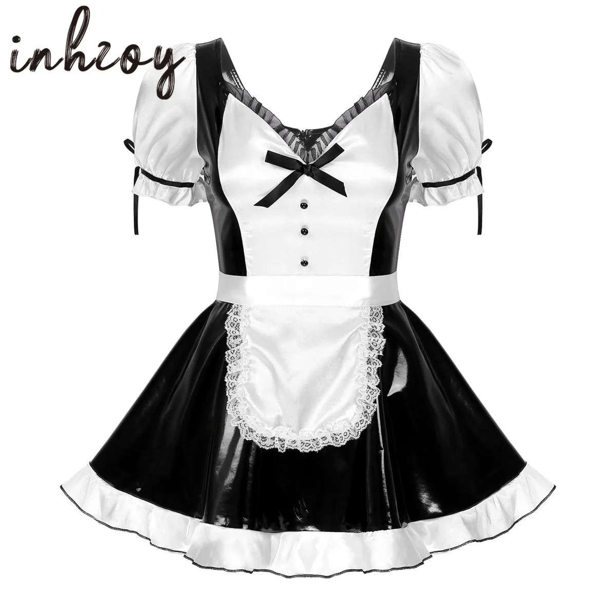 

Womens French Maid Costume Dress Sexy Wet Look Patent Leather Cosplay Uniform Lingerie Set Clubwear With Satin Apron Collar