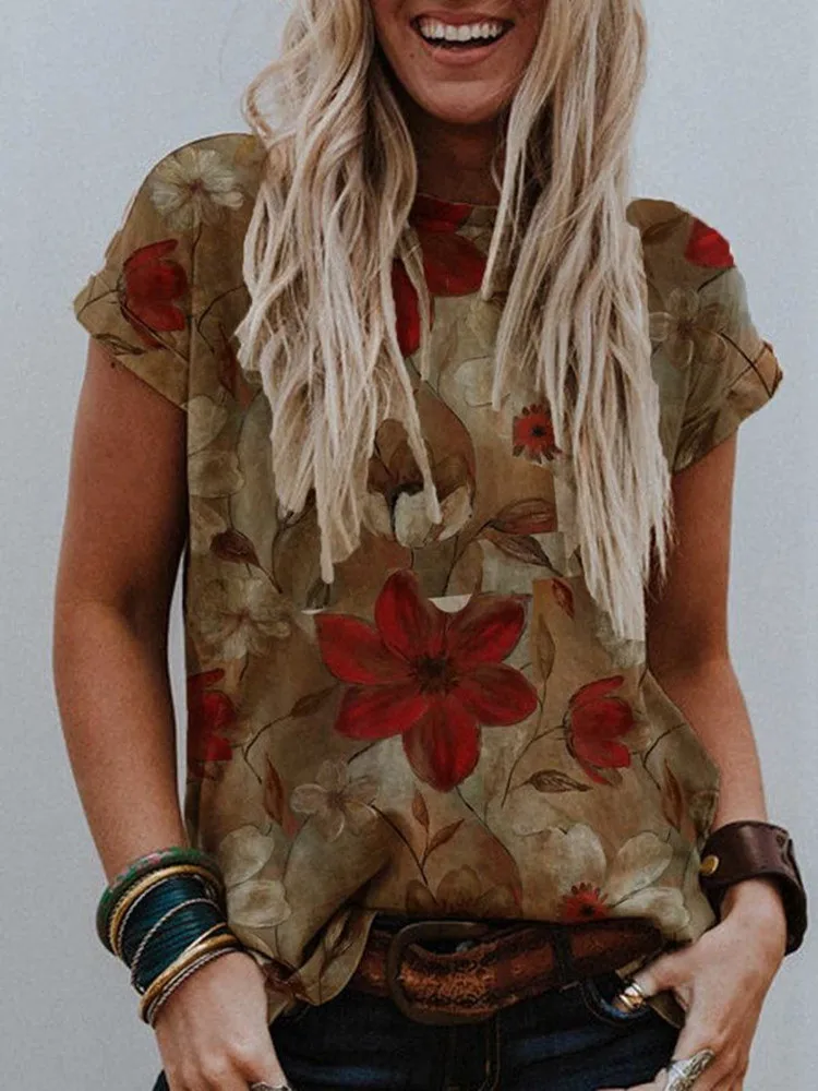 Female Floral Print O Neck Women Casual T-shirt Summer Solid Color Cat Print Short Sleeve Cartoon Loose Tops
Female Floral Print O Neck Women Casual T-shirt Summer Solid Color Cat Print Short Sleeve Cartoon Loose Tops