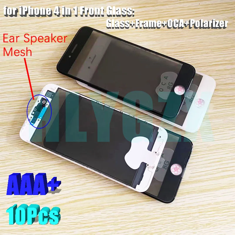 

10Pcs 4 in 1 OCA + Polarizer Film Front Glass LCD Outer Screen Panel +Cold Press Frame Bezel Panel For iPhone 6 7 8 6S Plus