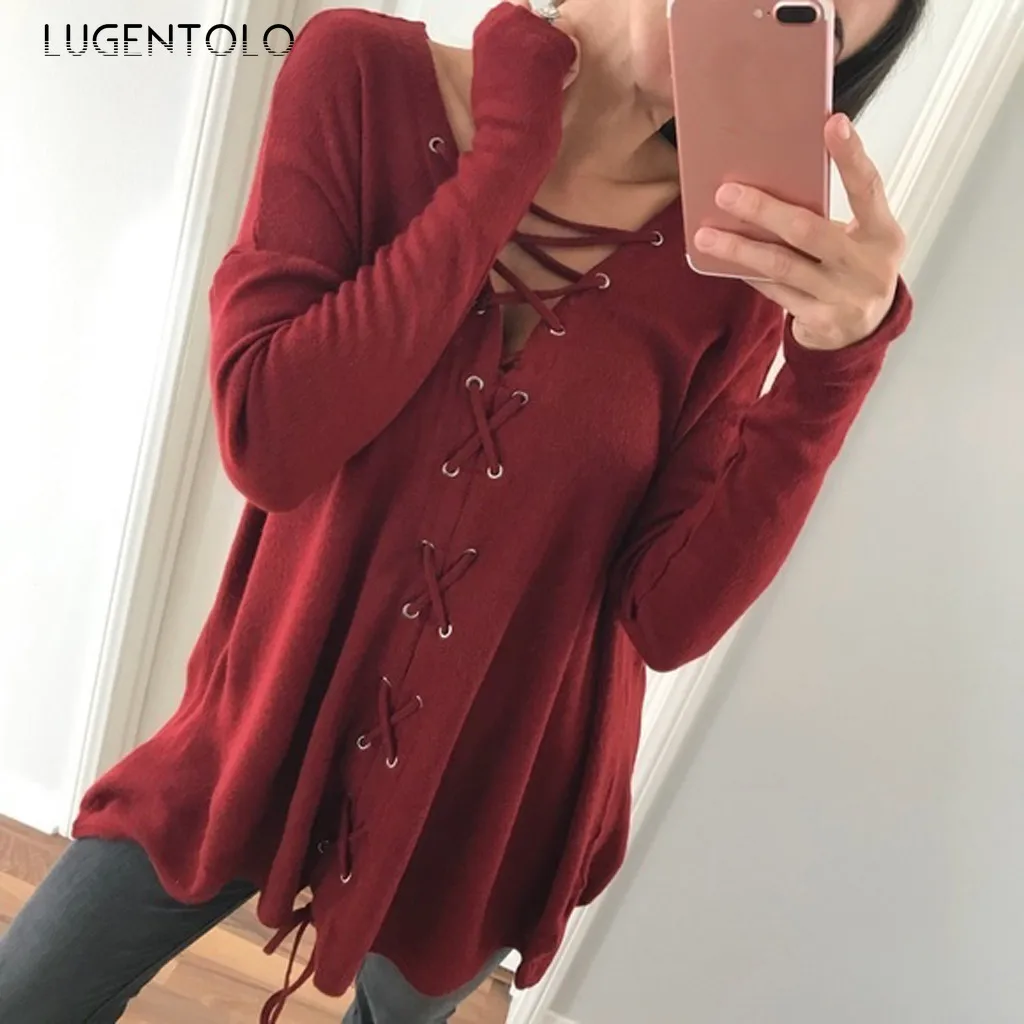 Lugentolo Women Bandage T-shirt Spring Autumn Long Sleeve Solid V-neck Tops Fashion Loose-fit Female Casual All-match T-shirts
Lugentolo Women Bandage T-shirt Spring Autumn Long Sleeve Solid V-neck Tops Fashion Loose-fit Female Casual All-match T-shirts