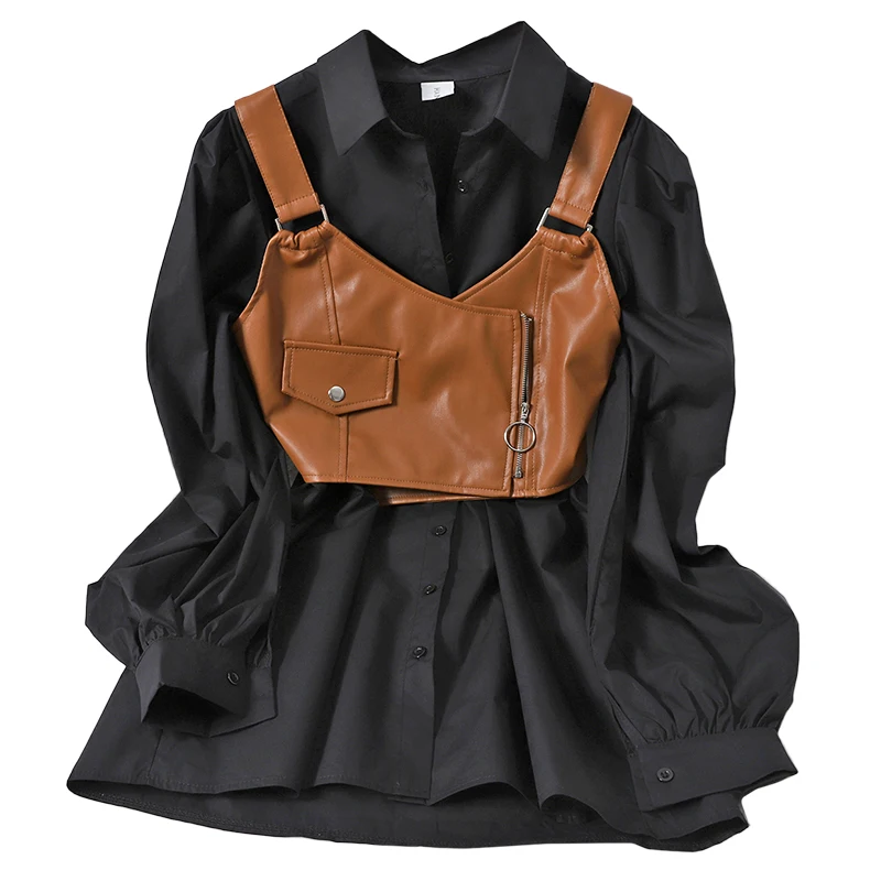 han edition hubble-bubble sleeve lapel double-breasted long shirt + zipper PU leather harness jacket two suits female
han edition hubble-bubble sleeve lapel double-breasted long shirt + zipper PU leather harness jacket two suits female