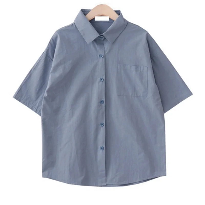 Preppy Style Women Cotton Shirts 2021 Summer Short Sleeve Turn-down Collar Pocket Solid Casual Slim Blouse
Preppy Style Women Cotton Shirts 2021 Summer Short Sleeve Turn-down Collar Pocket Solid Casual Slim Blouse