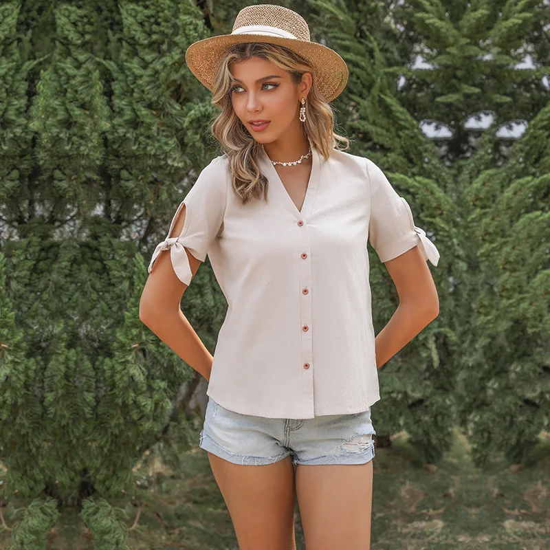 2021 summer new style short-sleeved solid color hollow lace lapel single-breasted shirt female fashion all-match
2021 summer new style short-sleeved solid color hollow lace lapel single-breasted shirt female fashion all-match