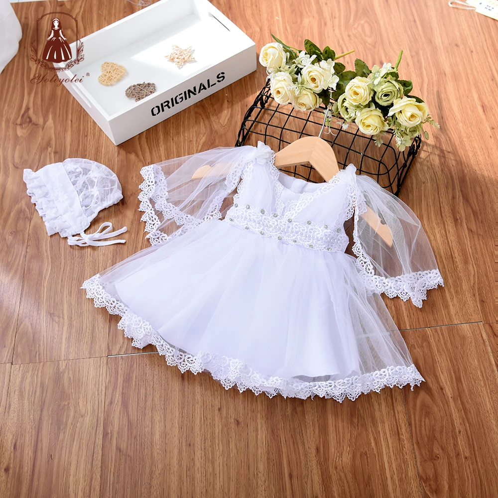 

Yoliyolei/платье для маленьких девочек белое Тюлевое платье для крещения для девочек 0-24 месяцев, детская одежда для дня рождения с бисером