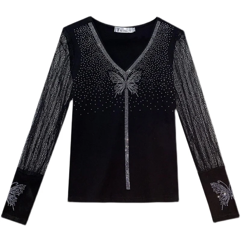Hot Drilling V-neck Black Shirt for Women 2021 Spring New Tops Stitching Perspective Long Sleeve T-shirt Girls Lady Slim Top Tee
Hot Drilling V-neck Black Shirt for Women 2021 Spring New Tops Stitching Perspective Long Sleeve T-shirt Girls Lady Slim Top Tee