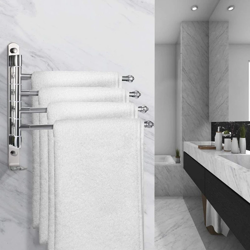 Towel Holder Bathroom with 4 Arms, Towel Holder Without Drilling, 180 Degree Rotation Towel Holder Wall, Silver
