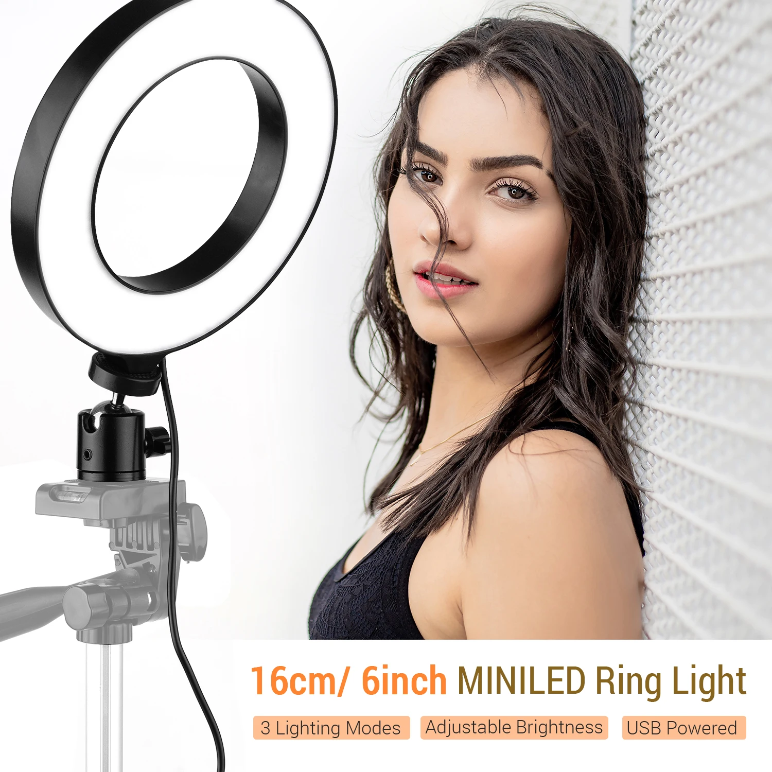 

16cm/6inch Mini LED Ring Light Fill-in Lamp USB Powered 3 Lighting Modes 11 Levels Adjustable Brightness with Flexible Ballhead