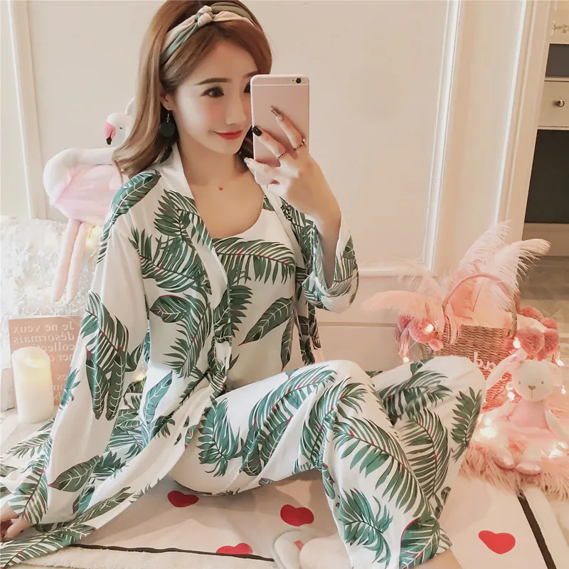 Пижама для женщин комплект из 3 предметов шелковая Повседневная с длинным