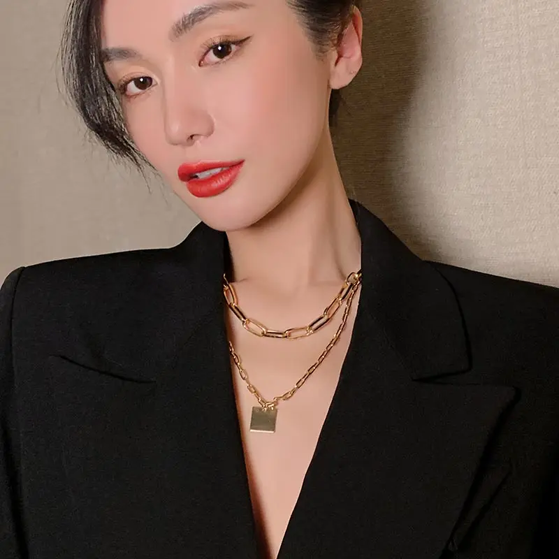 

Simple Founder Tag Necklace 2021 New Women's Personality Double Layer Twin Clavicle Chain Korean Style Internet Celebrity