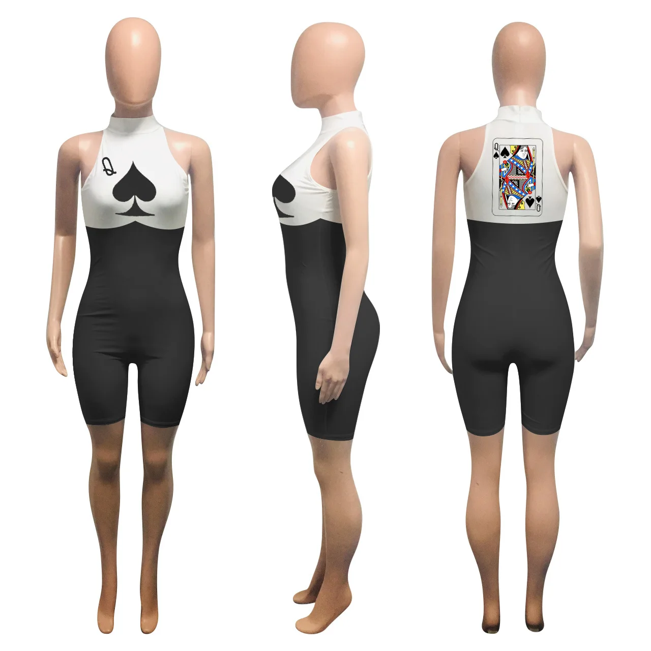 2020 Women Sexy Club Poker Card Patchwork Sleeveless Zipper Up Playsuits Rompers Cut Out Back Elegant One Piece Overall Jumpsuit
2020 Women Sexy Club Poker Card Patchwork Sleeveless Zipper Up Playsuits Rompers Cut Out Back Elegant One Piece Overall Jumpsuit