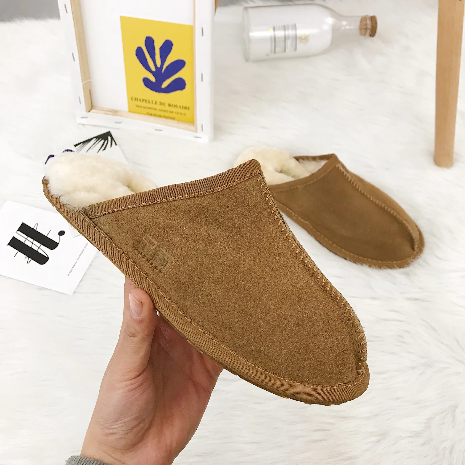 

Luxury Genuine Leather Home Shoes Women Full Fur Slippers Winter Shearling Bedroom Non-Slip Mule Indoor Ladies Furry Slippers