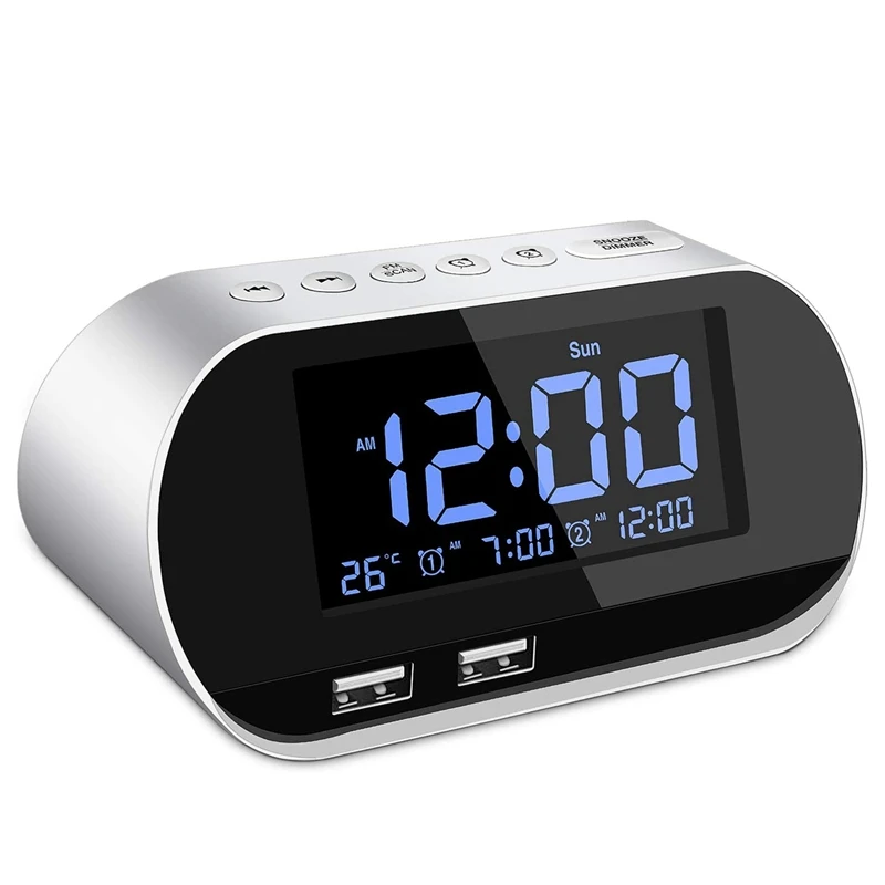 

Будильник радио, FM с таймером сна, двойной USB порт зарядки, цифровой дисплей, с затемнением, регулируемый громкость (белый)