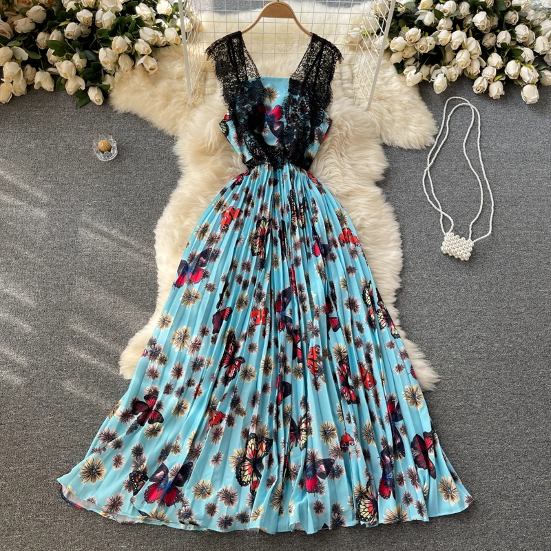2021 New Summer Women Sleeveless Slim Long Dress Fashion Lace Patchwork Sweet Floral Pleated Big Hem Beach Vacation Dress
2021 New Summer Women Sleeveless Slim Long Dress Fashion Lace Patchwork Sweet Floral Pleated Big Hem Beach Vacation Dress