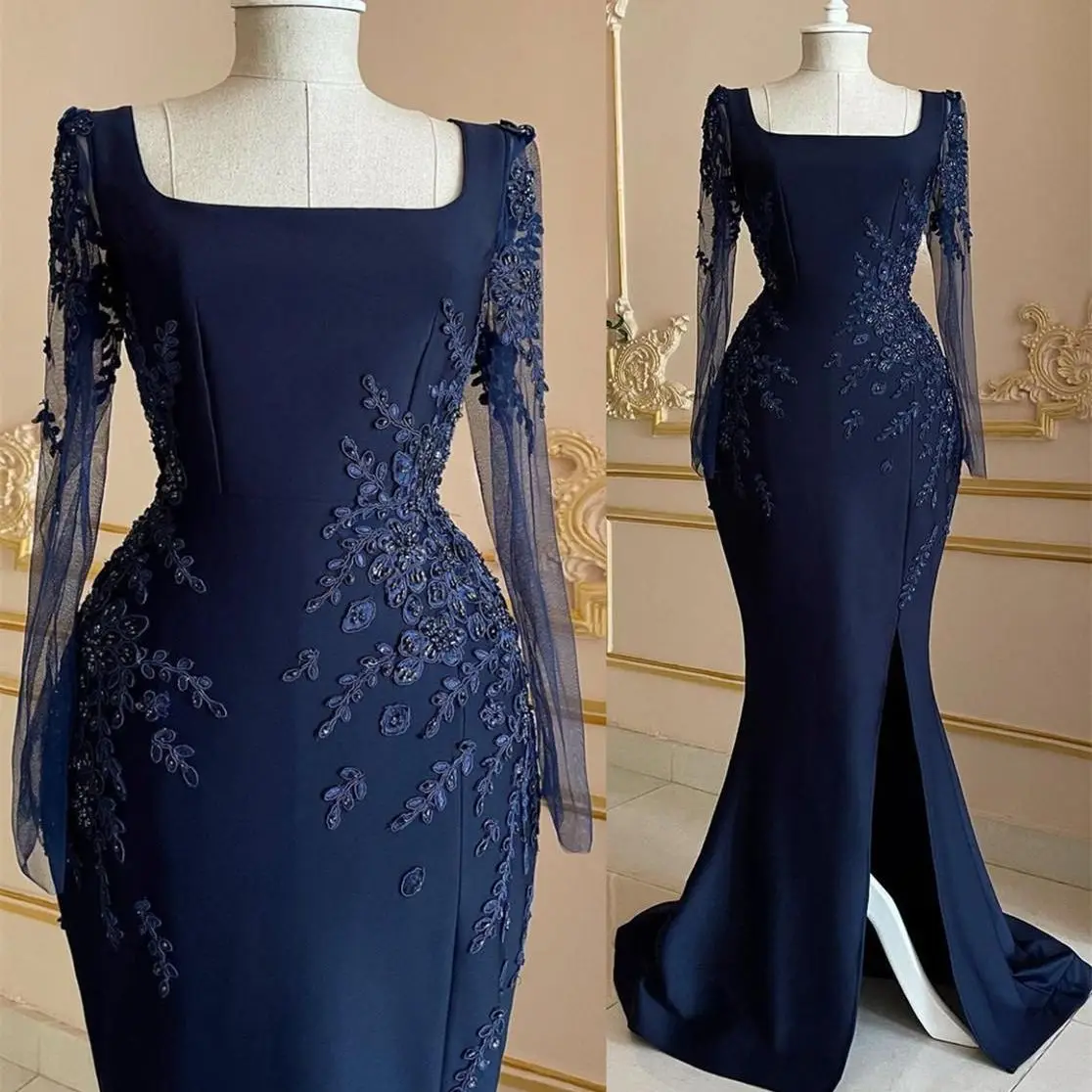 Navy Blue Mermaid Prom Dresses Lace Beaded Satin Long Sleeve Evening Formal Party Second Reception Bridesmaid Gowns
Navy Blue Mermaid Prom Dresses Lace Beaded Satin Long Sleeve Evening Formal Party Second Reception Bridesmaid Gowns