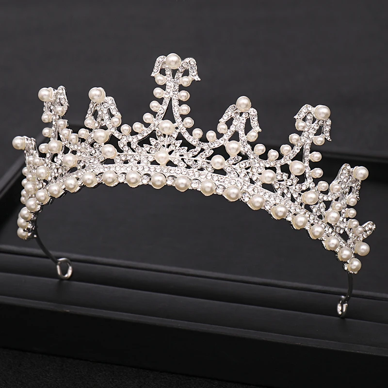 Диадема серебряного цвета с жемчугом свадебная корона Женская Тиара кристаллами