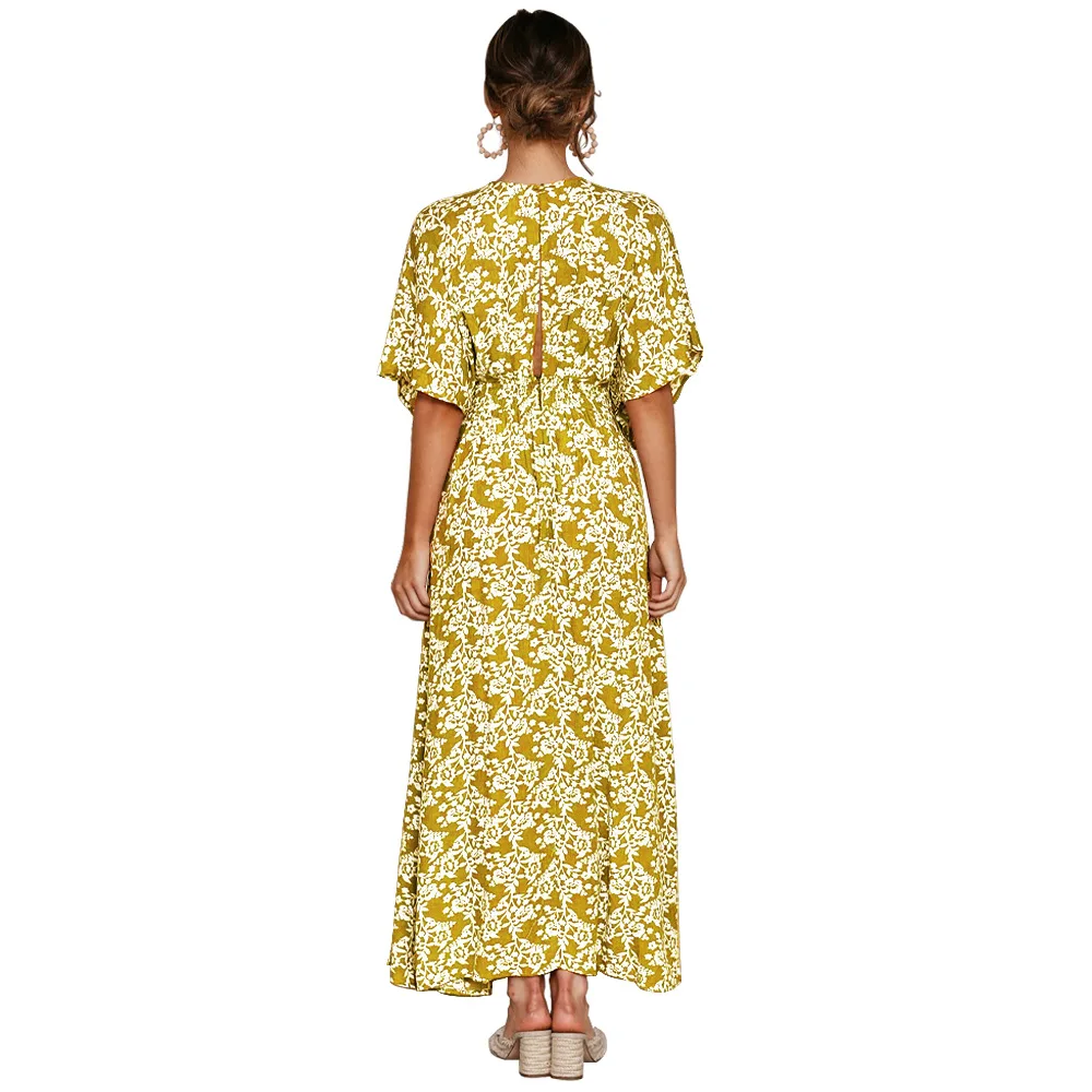 Women Short Sleeved Dresses Bohemian Deep V Neck Sexy Floral Ankel-Length Long Lady Dresses Yellow Green Black Femals Dresses 
Women Short Sleeved Dresses Bohemian Deep V Neck Sexy Floral Ankel-Length Long Lady Dresses Yellow Green Black Femals Dresses