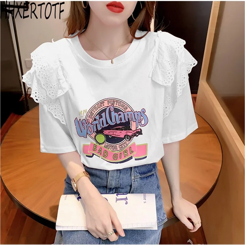 2021 summer new Korean version loose lace stitching round neck short-sleeved T-shirt cotton printed tops
2021 summer new Korean version loose lace stitching round neck short-sleeved T-shirt cotton printed tops