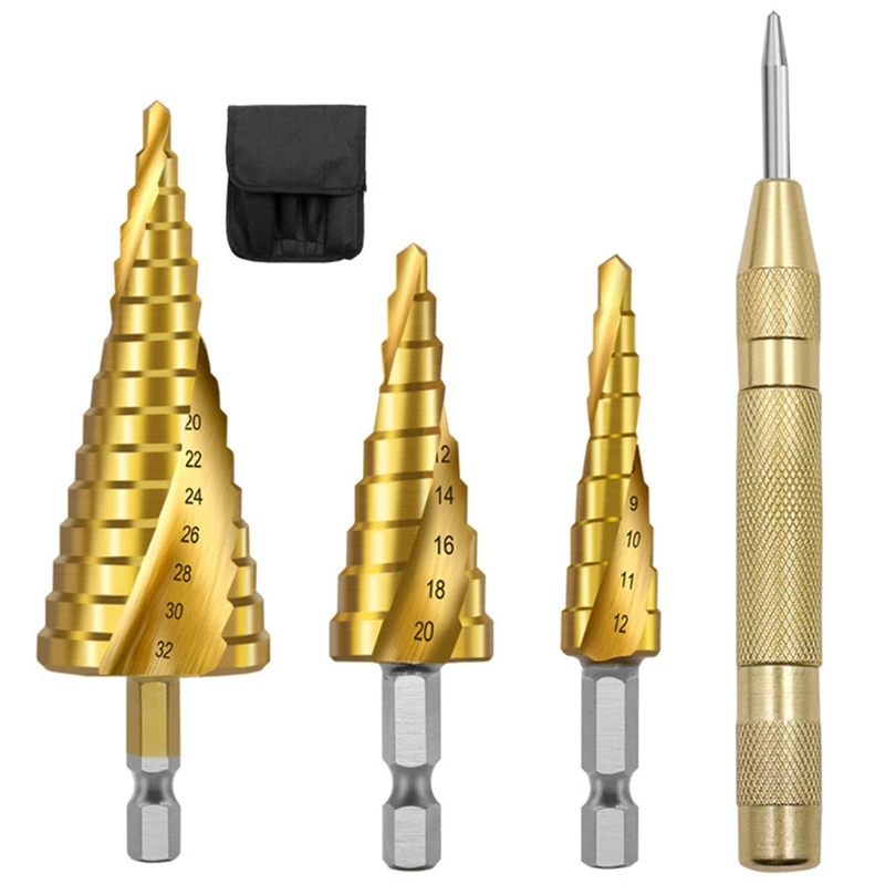 3pcs HSS Steel Titanium Spiral Flute Step Drill Bit with Automatic Center Punch Metal Wood Cutter
3pcs HSS Steel Titanium Spiral Flute Step Drill Bit with Automatic Center Punch Metal Wood Cutter