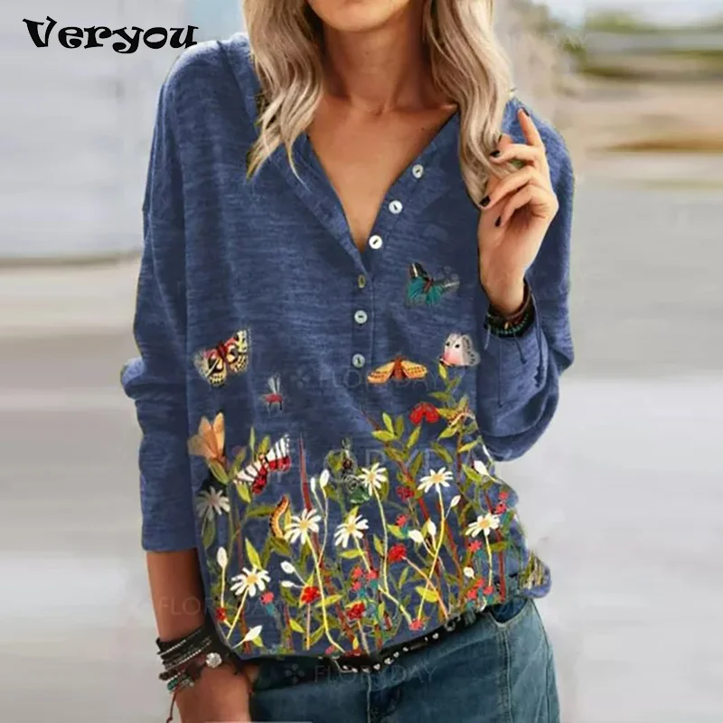 Women Butterfly Floral Print T-Shirt Spring Autumn Long Sleeve V Neck Button Tops Vintage Shirt Loose Women Pullover Streetwear
Women Butterfly Floral Print T-Shirt Spring Autumn Long Sleeve V Neck Button Tops Vintage Shirt Loose Women Pullover Streetwear