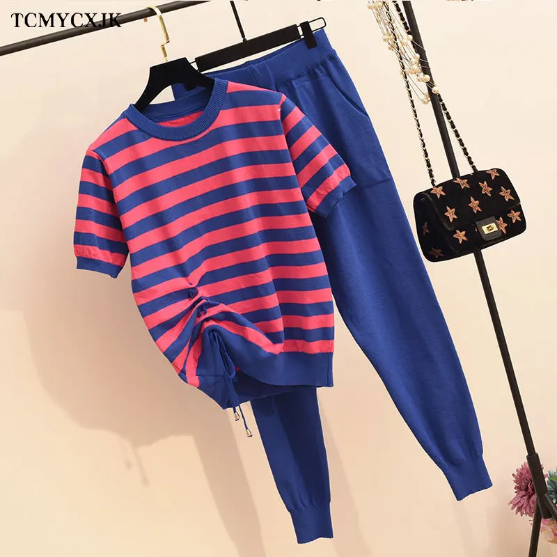2021 Women's Two-piece Suit Sexy Women Summer Striped Stitching Drawstring Short-sleeved Knitted Pants Suit Female Casual Suits
2021 Women's Two-piece Suit Sexy Women Summer Striped Stitching Drawstring Short-sleeved Knitted Pants Suit Female Casual Suits