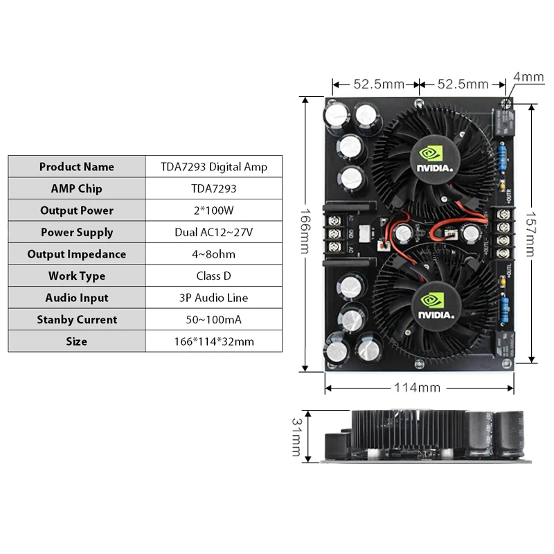 

2*100W TDA7293 Dual Channel Stereo Digital Power Audio Amplifier Board 12V-27V Class D HIFI DIY AMP Amplificador