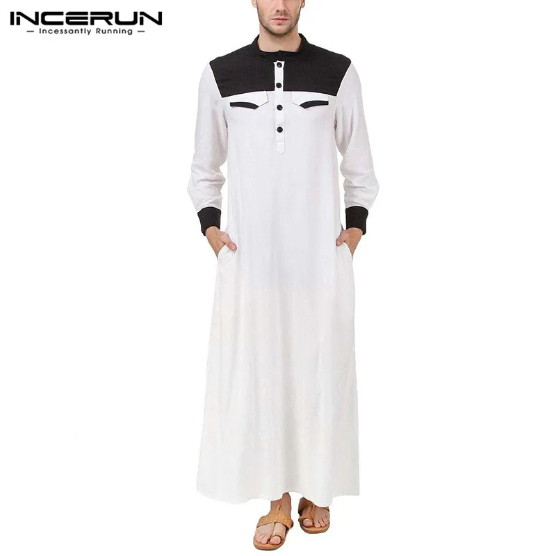 

Мусульманский кафтан INCERUN, мужская одежда с длинным рукавом в стиле пэчворк Jubba Thobe с воротником-стойкой, модная одежда для Ближнего Востока, ...