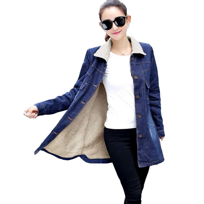 Женская зимняя модная винтажная длинная джинсовая куртка Idopy с флисовой