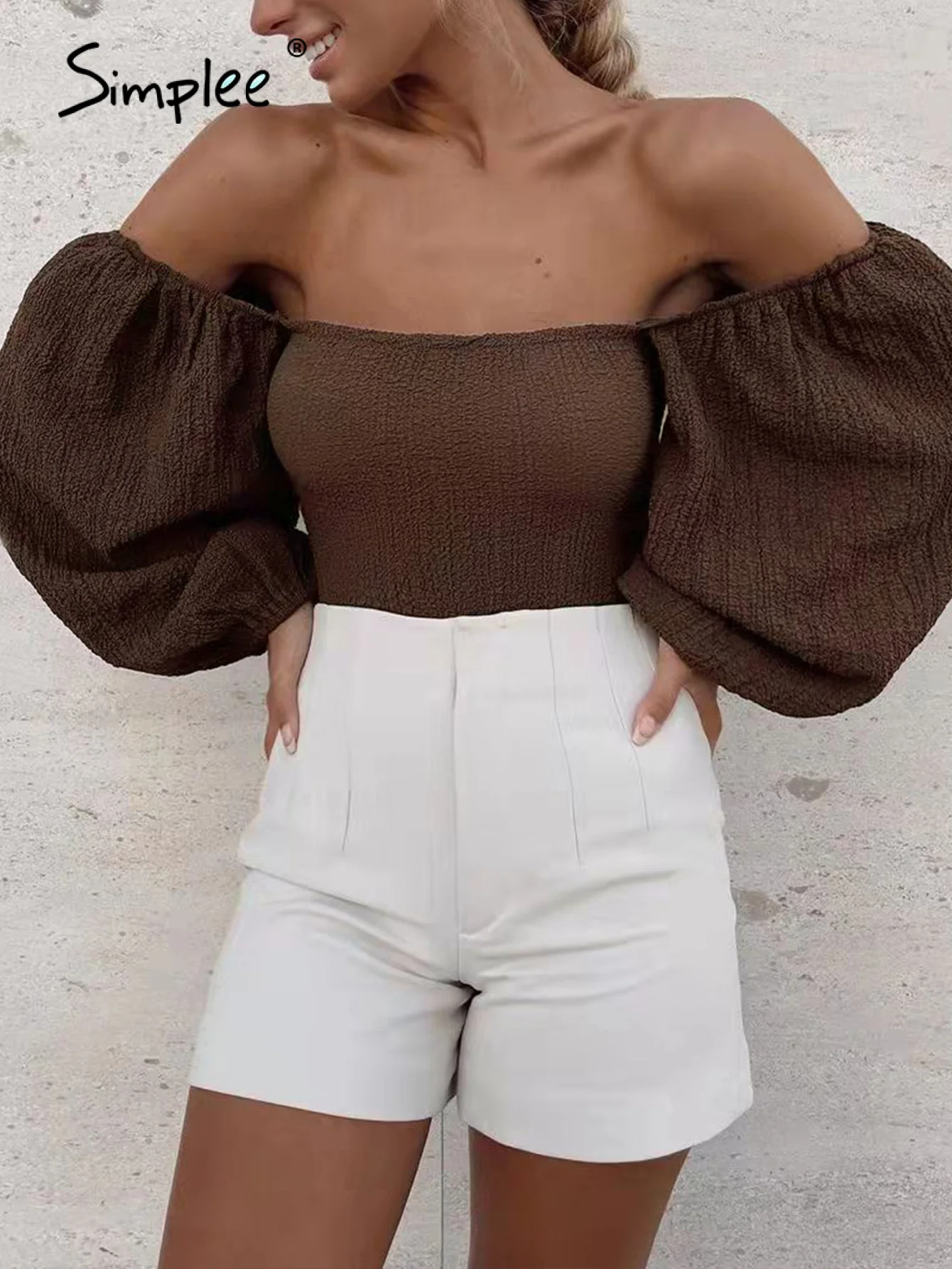 Simplee Sexy square collar lantern sleeve women's bodysuits Skinny brown playsuits spring summer Short sleeve ladies fashion top 
Simplee Sexy square collar lantern sleeve women's bodysuits Skinny brown playsuits spring summer Short sleeve ladies fashion top