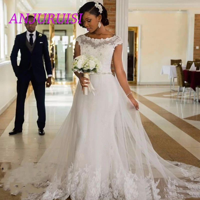 Свадебные платья-русалки 2019 белое кружевное свадебное платье с круглым вырезом и