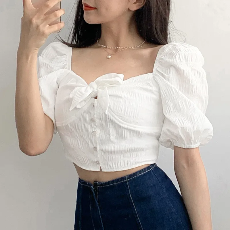 Elegant Female Blouses White V-neck Bow Tie Up Casual Puff Half Sleeves Short Shirts Lady Summer Spring Streetwear Chiffon Shirt
Elegant Female Blouses White V-neck Bow Tie Up Casual Puff Half Sleeves Short Shirts Lady Summer Spring Streetwear Chiffon Shirt