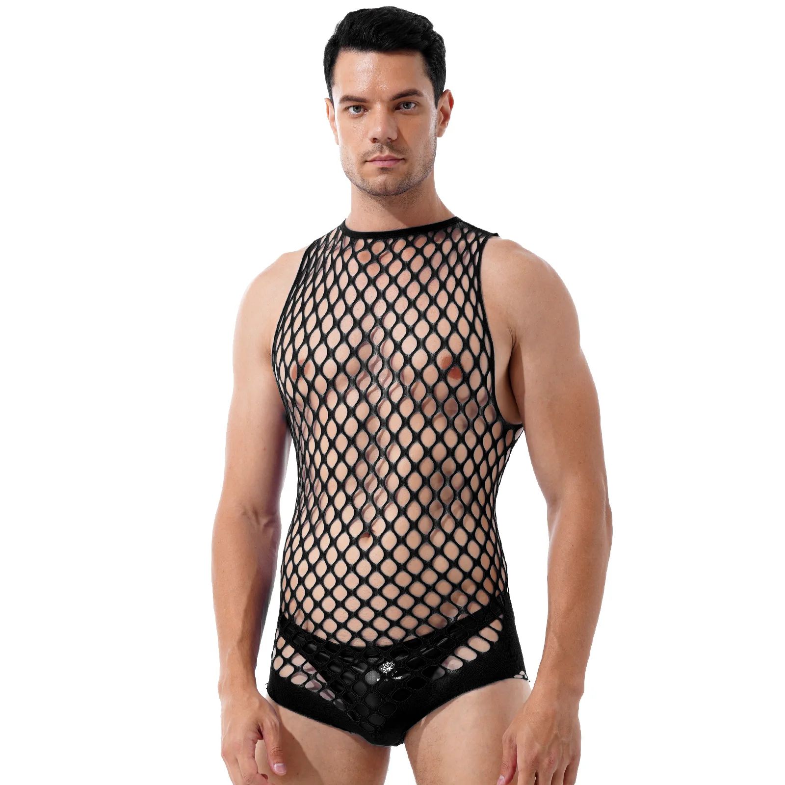 

Men Exotic Sexy Hollow Out Fishnet Netted Bodystockings Lingerie Halter Neck Sleeveless See-through Stretchy Bodysuits Nightwear