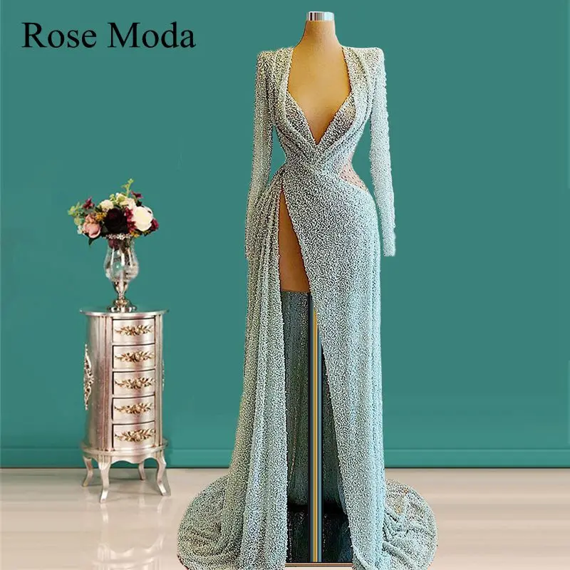 Роскошное платье для выпускного с длинными рукавами, украшенное бисером, с высоким разрезом 
Роскошное платье для выпускного с длинными рукавами, украшенное бисером, с высоким разрезом