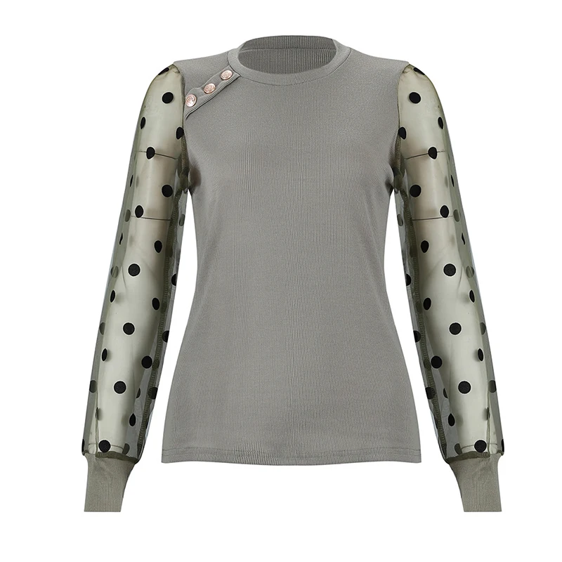 Wipalo Spring Autumn Women Sexy Shirts O-Neck Long Puff Sleeve Casual Solid Tops Bodycon Pullover Dot Sequins Mesh Female Blouse | Женская