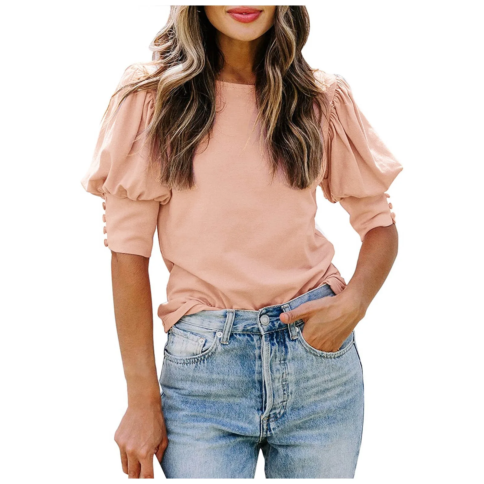 2021 New Summer Loose Puff Sleeve Shirt Tops Elegant Women Casual Round Neck Shirt Solid Color Lady Short Sleeve Blouse Pullover
2021 New Summer Loose Puff Sleeve Shirt Tops Elegant Women Casual Round Neck Shirt Solid Color Lady Short Sleeve Blouse Pullover