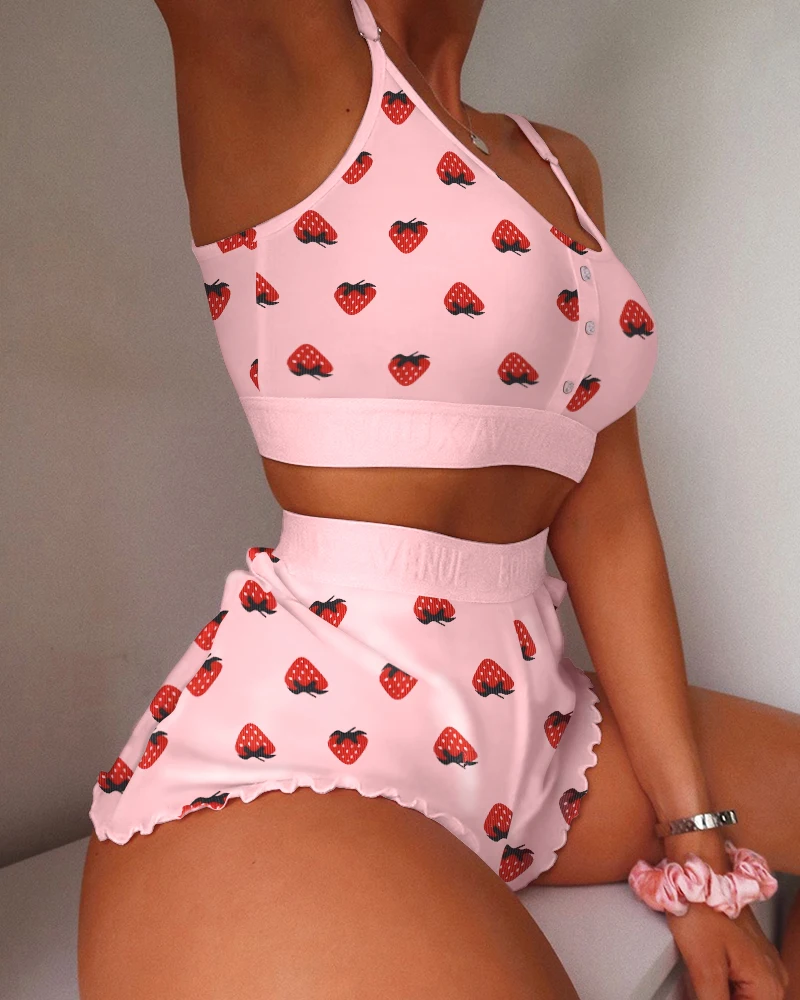 

Women's 2 Pieces Kawaii Strawberry Print Frill Hem Cami Pajama Set 2021 Femme Cute Crop Top & Shorts Suits Lady Sleepwear y2k