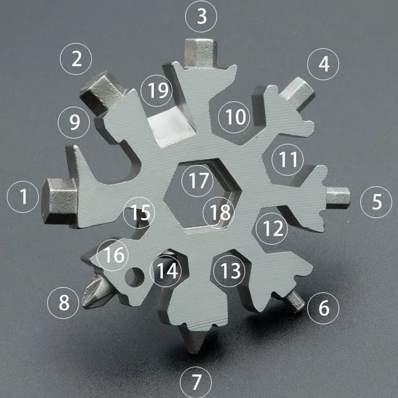Outdoor Multi Function 18-in-1 Stainless Steel Keychain Wrench Keychain Hexagonal Multi-Tool Snowflake Pocket Wrench Bottle Open
Outdoor Multi Function 18-in-1 Stainless Steel Keychain Wrench Keychain Hexagonal Multi-Tool Snowflake Pocket Wrench Bottle Open