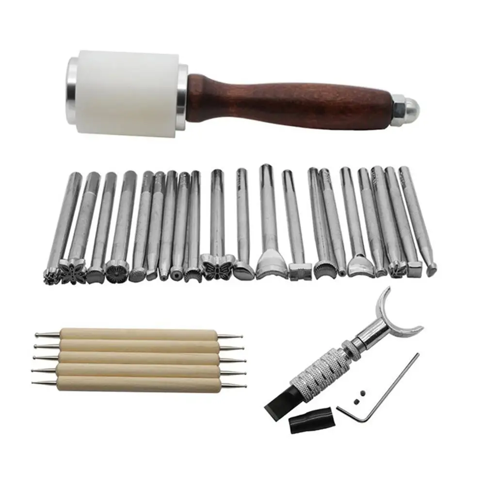 27PCS/Set Stainless Steel Leather Carving Stamps Hammer Beveler Kit DIY Leathercraft Embossed Leather Hand Tools
27PCS/Set Stainless Steel Leather Carving Stamps Hammer Beveler Kit DIY Leathercraft Embossed Leather Hand Tools