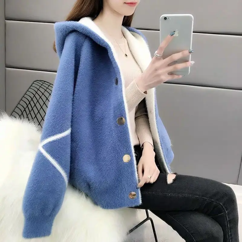 Imitation Mink Fleece Short Coat Women Spring Fall New Korean Loose Hooded Plush Cardigan Tops Thick Knitted Sweater Jacket Y603
Imitation Mink Fleece Short Coat Women Spring Fall New Korean Loose Hooded Plush Cardigan Tops Thick Knitted Sweater Jacket Y603