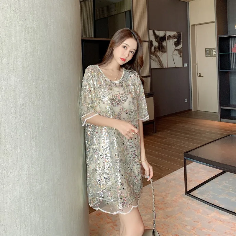 Ins Summer New European Bling Sequins Beading Pearls Dress Women Gauze Loose Short Sleeve Top Ladies T-shirt
Ins Summer New European Bling Sequins Beading Pearls Dress Women Gauze Loose Short Sleeve Top Ladies T-shirt
