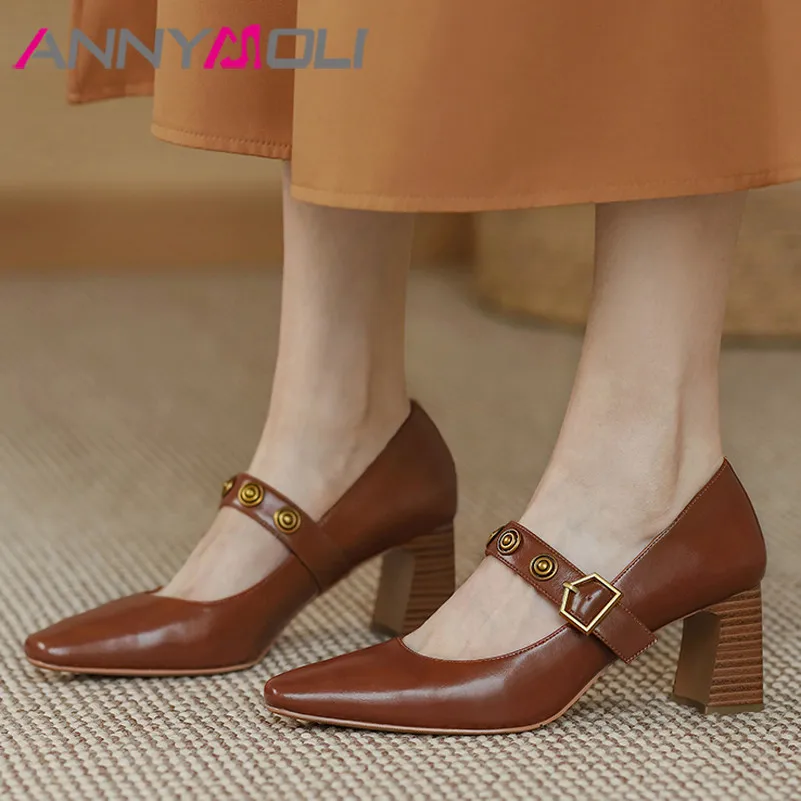 ANNYMOLI Square Toe High Heels Genuine Leather Mary Janes Shoes Women Block Heel Pumps Buckle Ladies Footwear Beige Big Size 43
ANNYMOLI Square Toe High Heels Genuine Leather Mary Janes Shoes Women Block Heel Pumps Buckle Ladies Footwear Beige Big Size 43