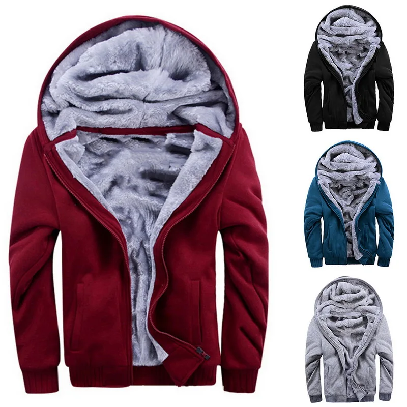 Winter Men Casual Thick Warm Coat Male Zipper Hooded Fleece Long Sleeve Jacket Solid Color Parkas Outerwear