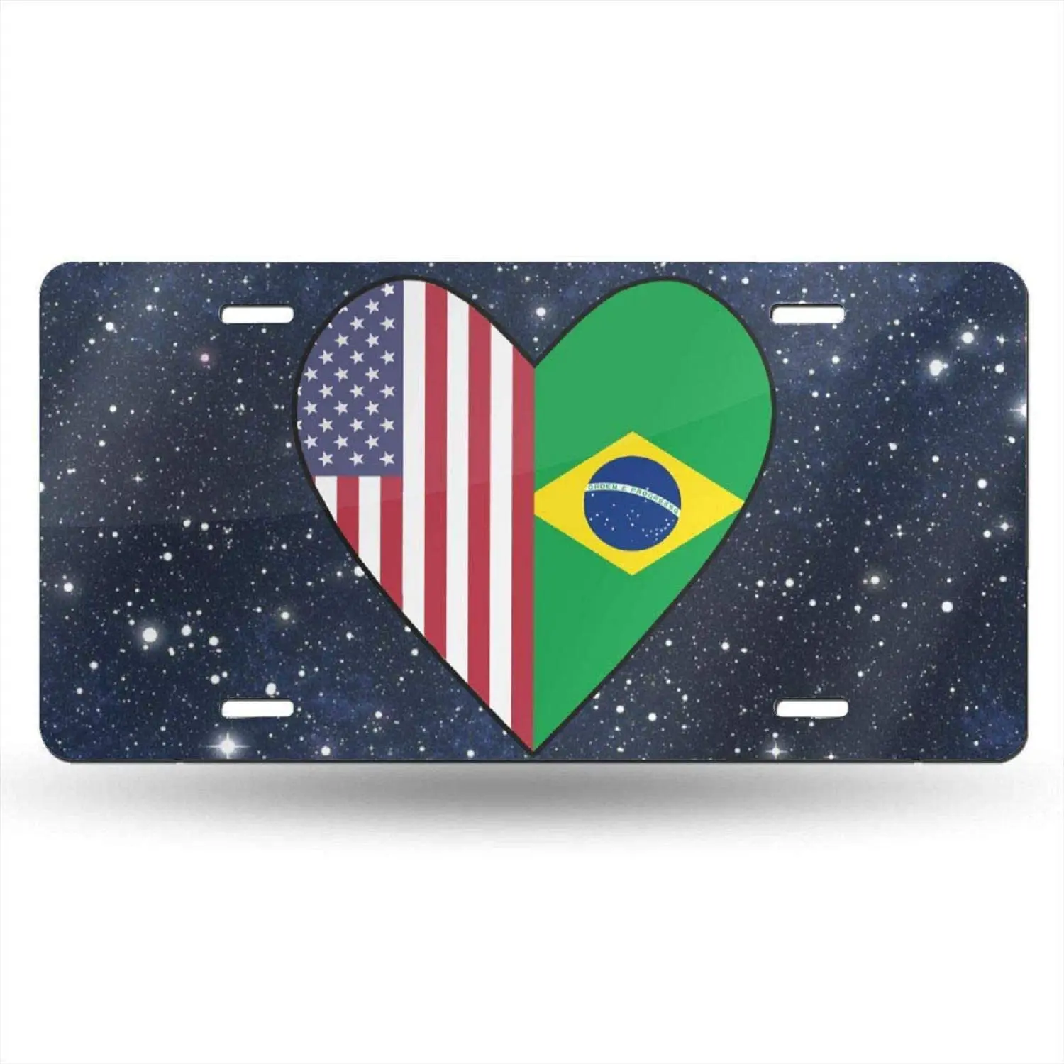 

TTDECK Half Brazil Flag Half USA Flag Love Heart Car Tag Decorative Front Plate Aluminum Metal,Novelty License Plate Car