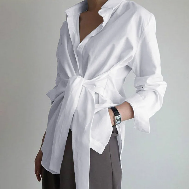 

Fashion Bow Women Long Sleeve Blouse White Casual Lace Up Shirts Elegant Lapel Neck OL Asymmetric Tops Spring Blusas Femininas