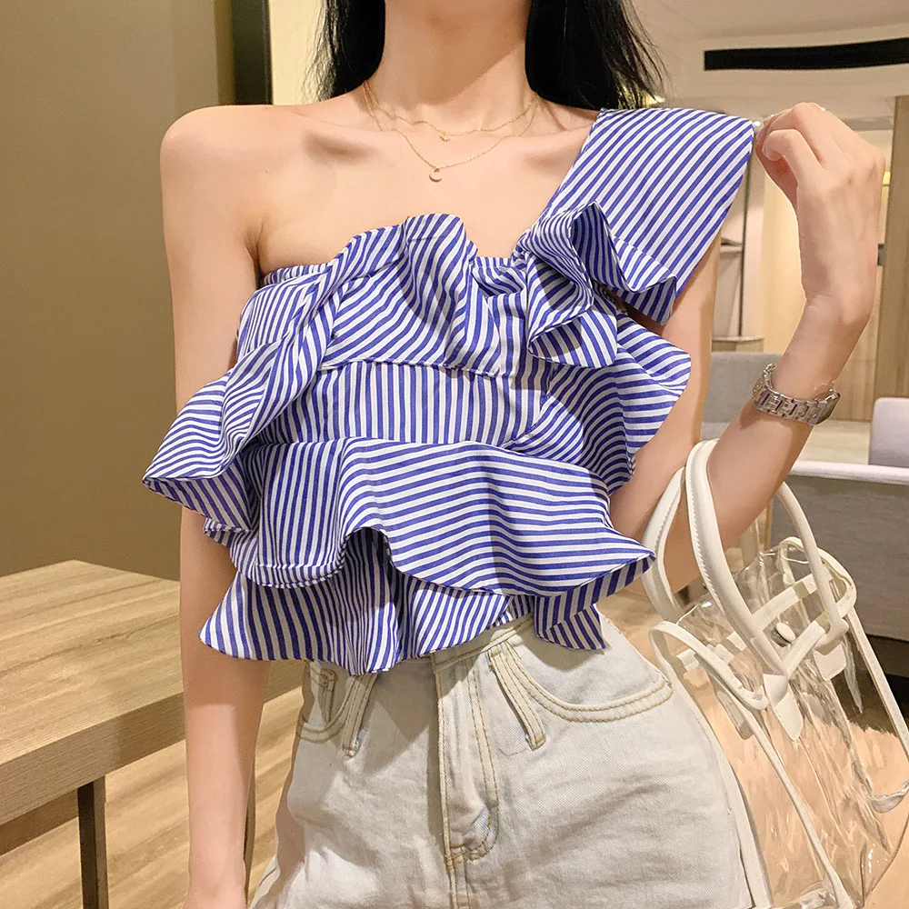 Women Sexy Blouse Fashion Personality Irregular Striped Shirt Slim Short Ruffle Strapless Young Girl Korean Japan Holiday Travel
Women Sexy Blouse Fashion Personality Irregular Striped Shirt Slim Short Ruffle Strapless Young Girl Korean Japan Holiday Travel
